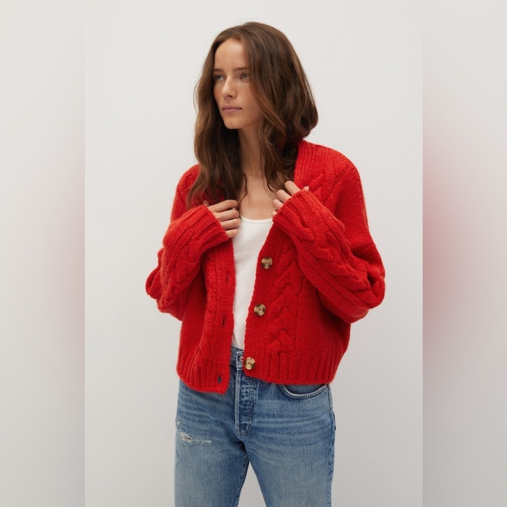 Mango Cable Knitted Cardigan Red